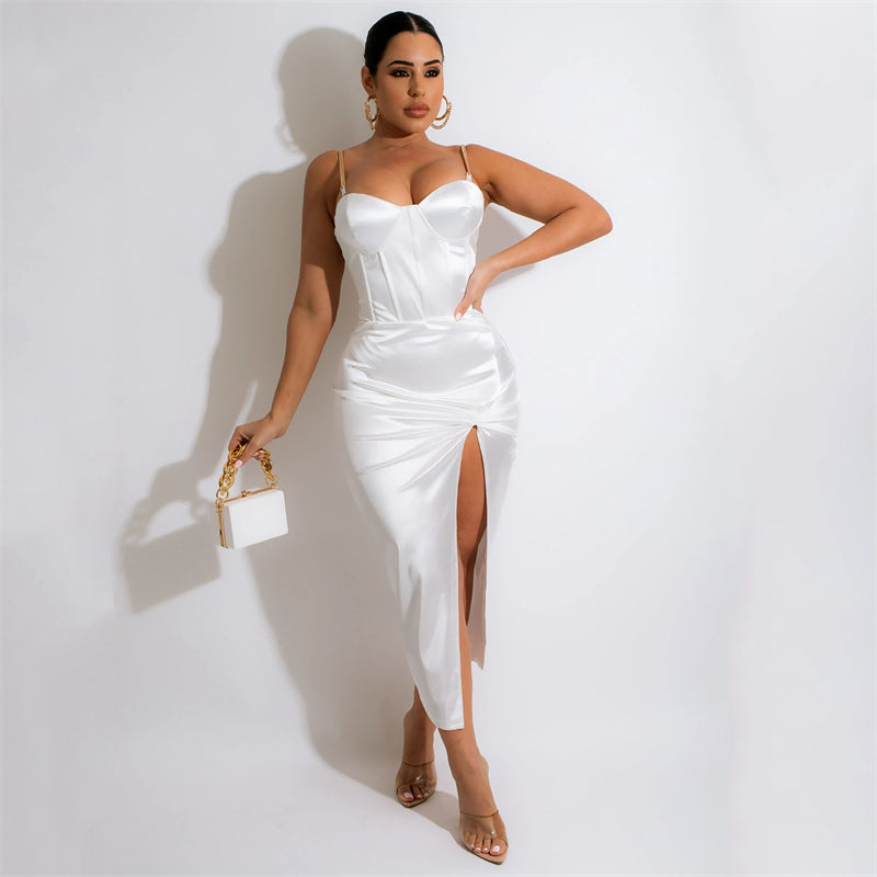 White satin twist high split dress