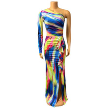 Multicolor long maxi dress one shoulder  high split dress