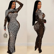 Black rhinestone mesh elegant  long sleeve party  dress