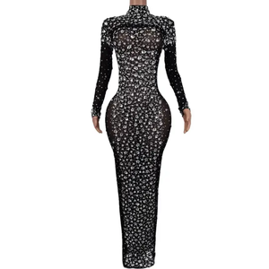 Black rhinestone mesh elegant  long sleeve party  dress