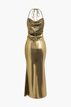 Gold Metallic Tie Halter Cowl Neck Backless Maxi dresss