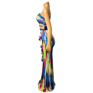 Multicolor long maxi dress one shoulder  high split dress