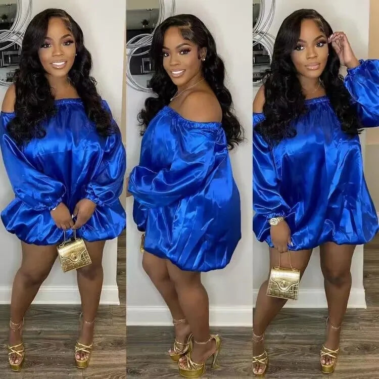 Blue satin sexy off the shoulder dress