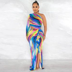 Multicolor long maxi dress one shoulder  high split dress