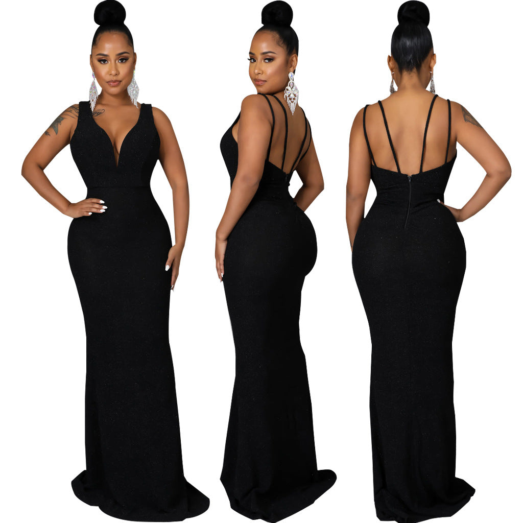 Black V Neck  sleeveless evening dress