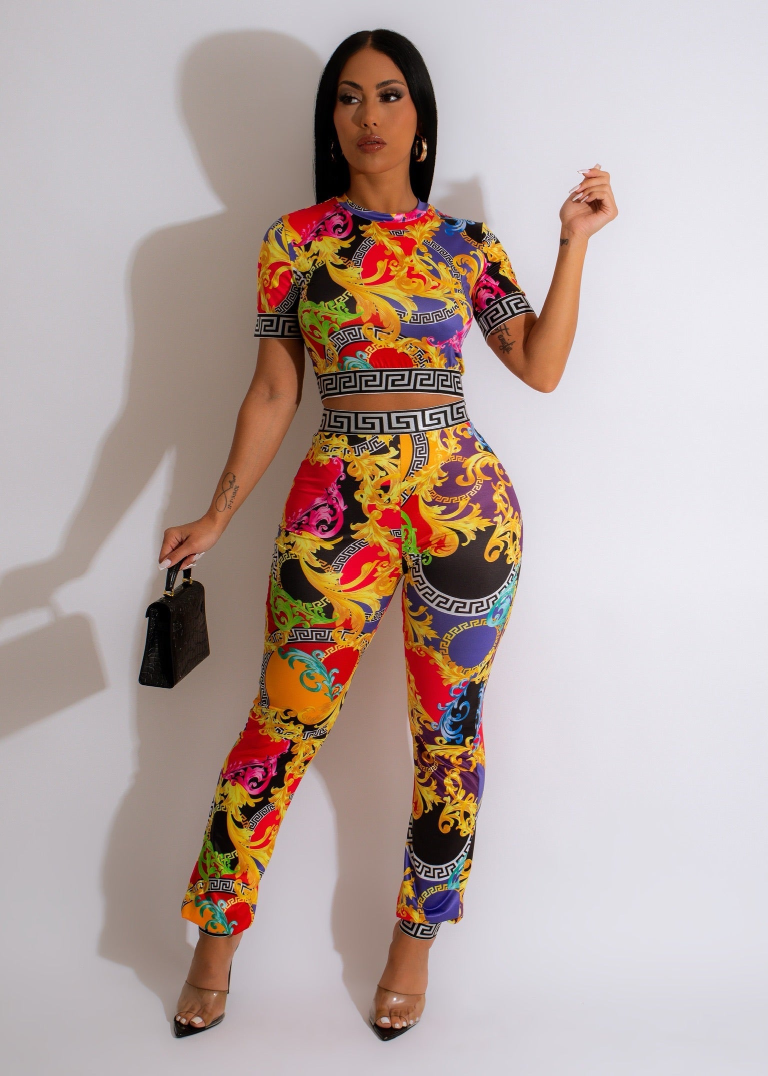 Black multicolor  print crop  top and high waist pants set