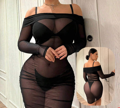 Off the shoulder mesh see through black dress