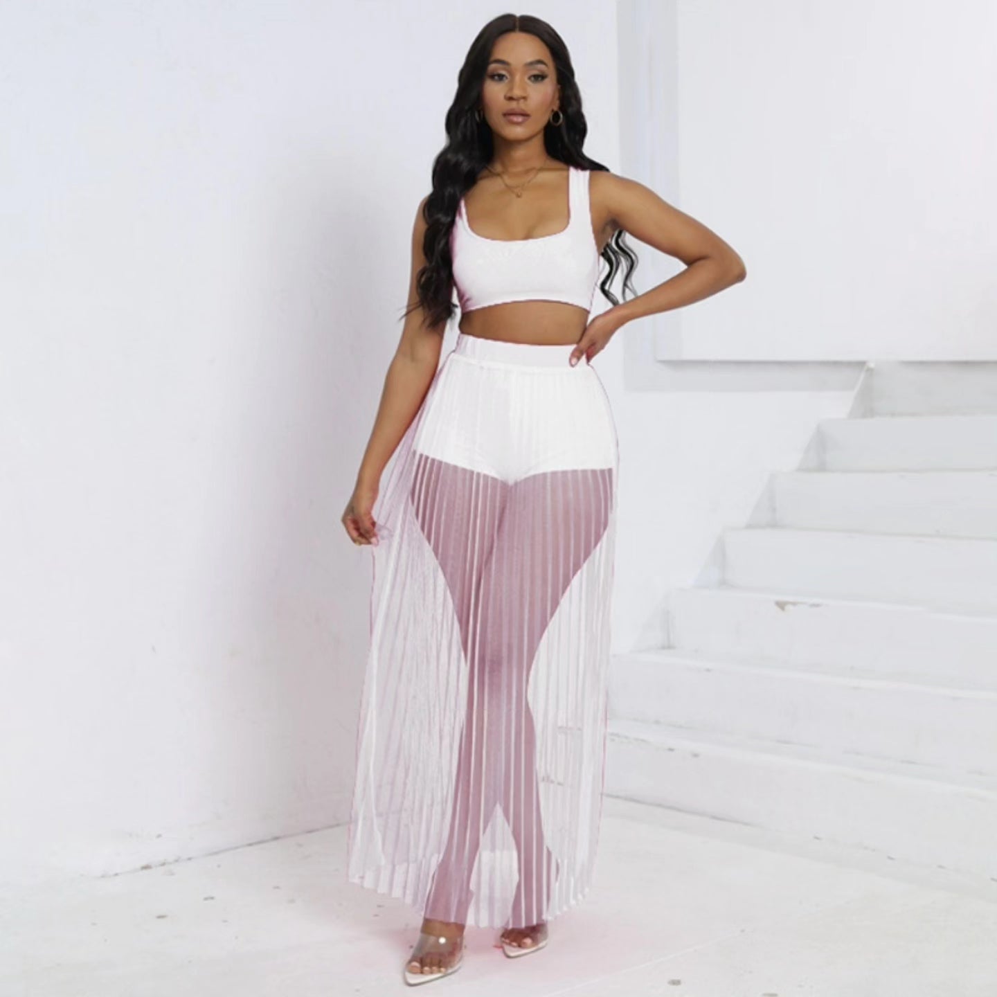 White plus size 2 two piece pleated skirt sets