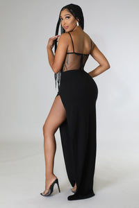 Black mesh rhinestone sexy split dress