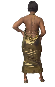 Gold Metallic Tie Halter Cowl Neck Backless Maxi dresss