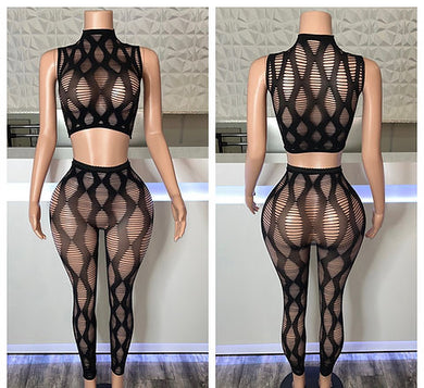 2 Two  piece  black or white High waist pants see through sets