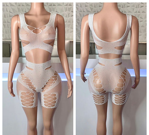 White two 2 piece rhinestone short sets