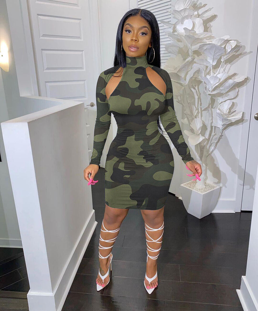 Camouflage  long sleeve  hollow out dress