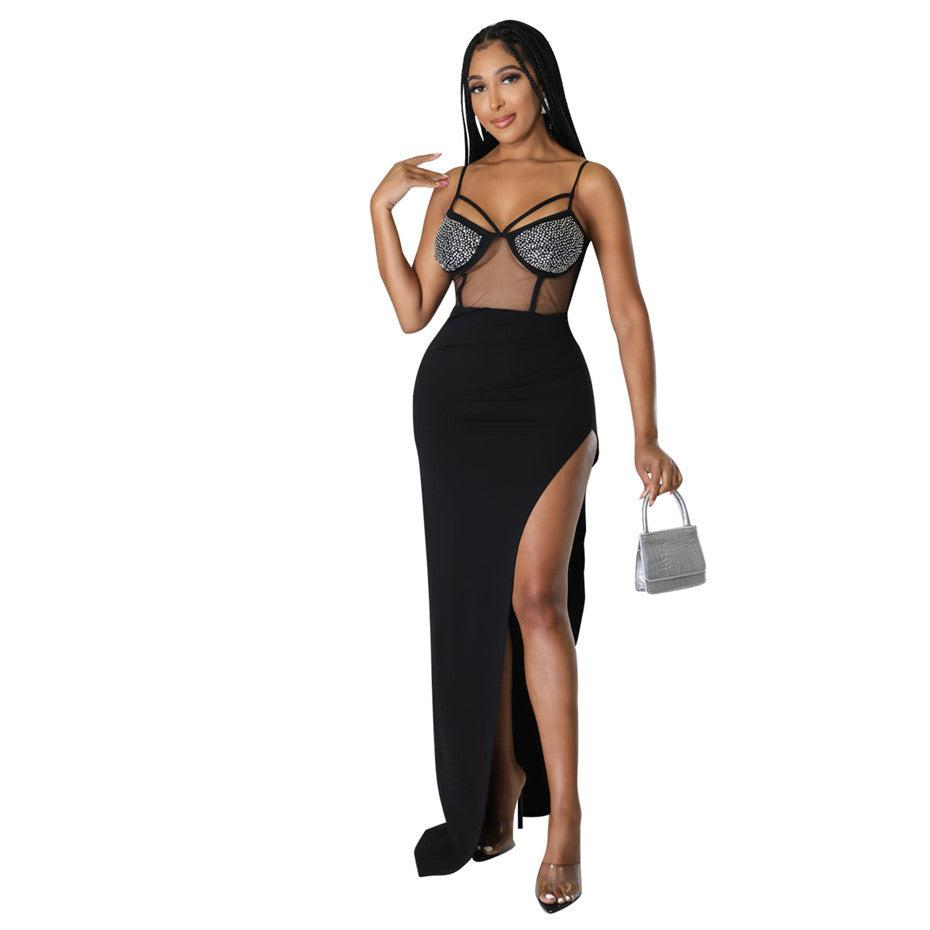 Black sexy mesh rhinestone mesh side split dress