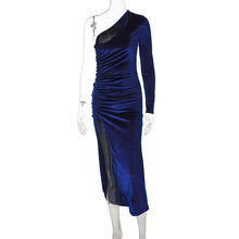 Blue velvet one shoulder ruched dress