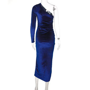 Blue velvet one shoulder ruched dress