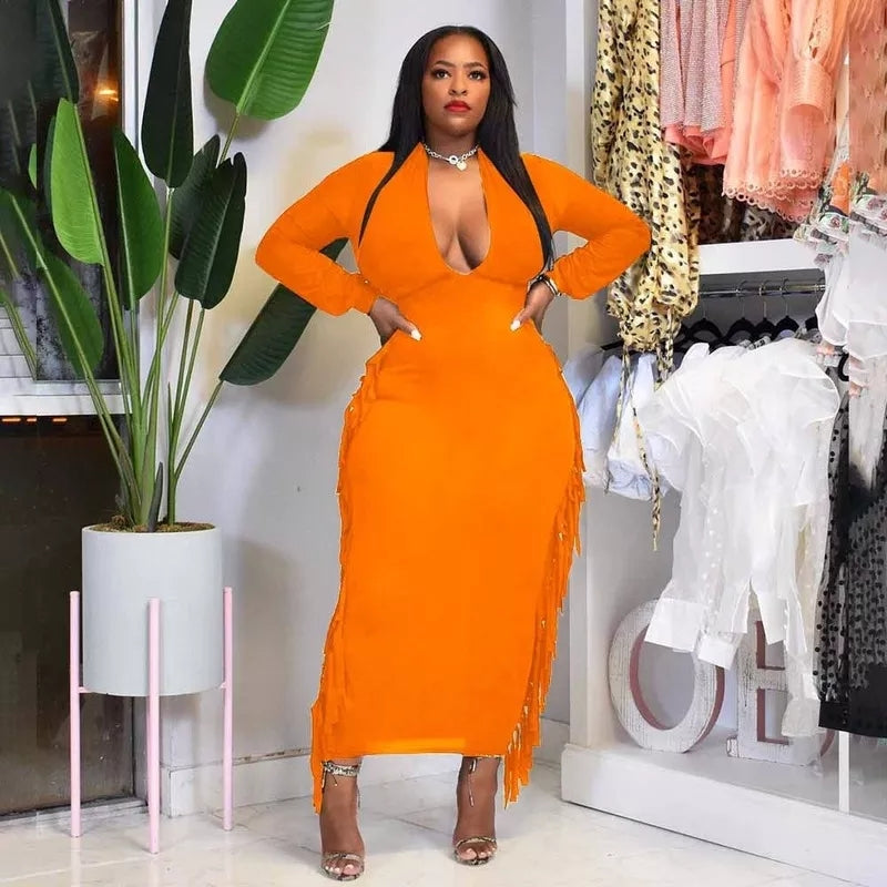 Orange long sleeve deep v fringe tassell  long dress