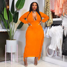 Orange long sleeve deep v fringe tassell  long dress