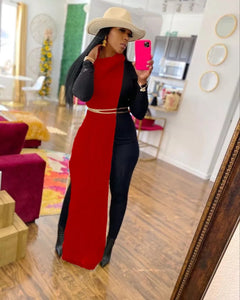 Red turtleneck sleeveless long sweater dress