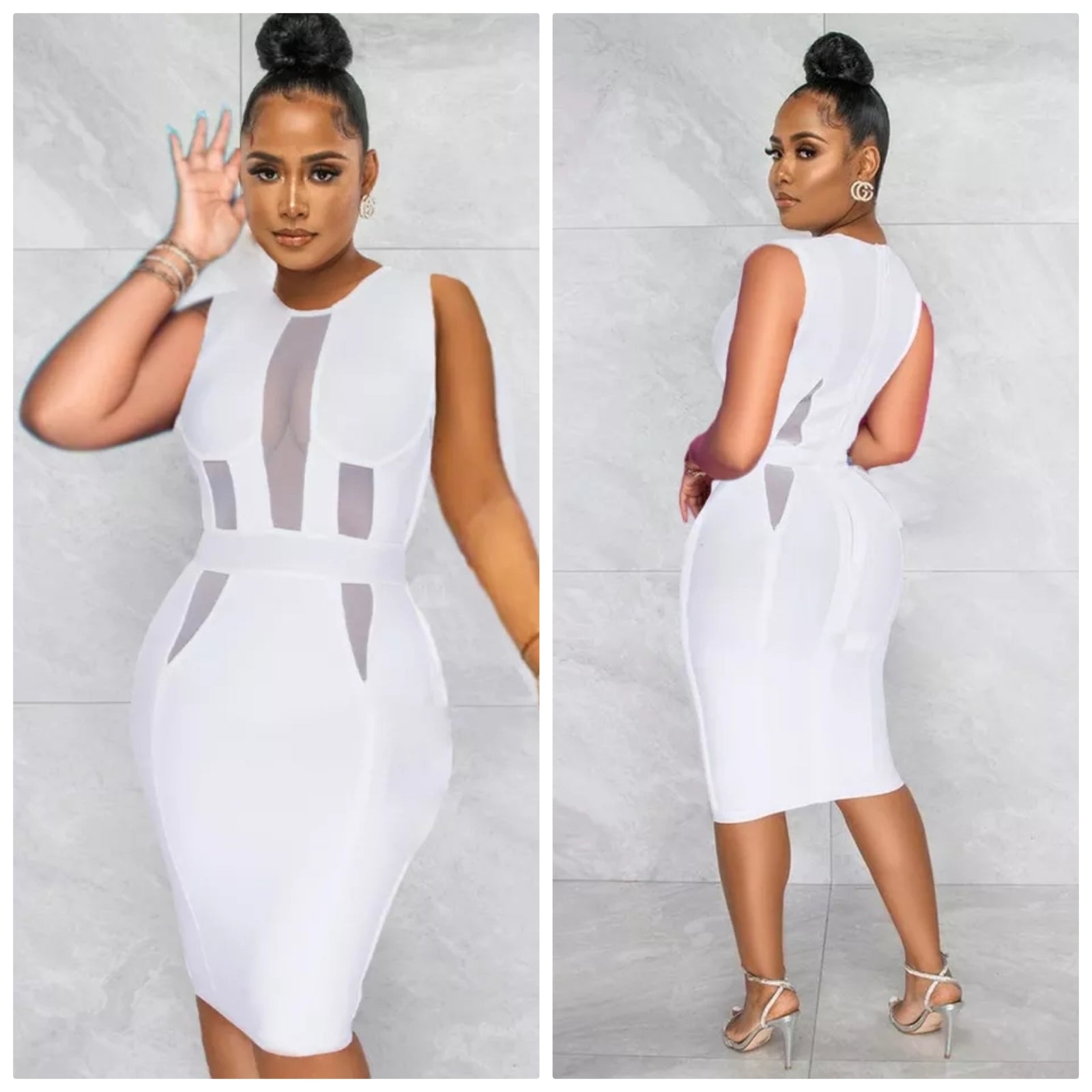 White mesh sleeveless knee length dress