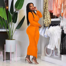 Orange long sleeve deep v fringe tassell  long dress