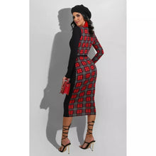 Plaid knee length V neck dress red and black