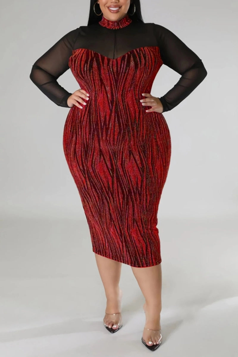 Red and black mesh long 4sleeve dress