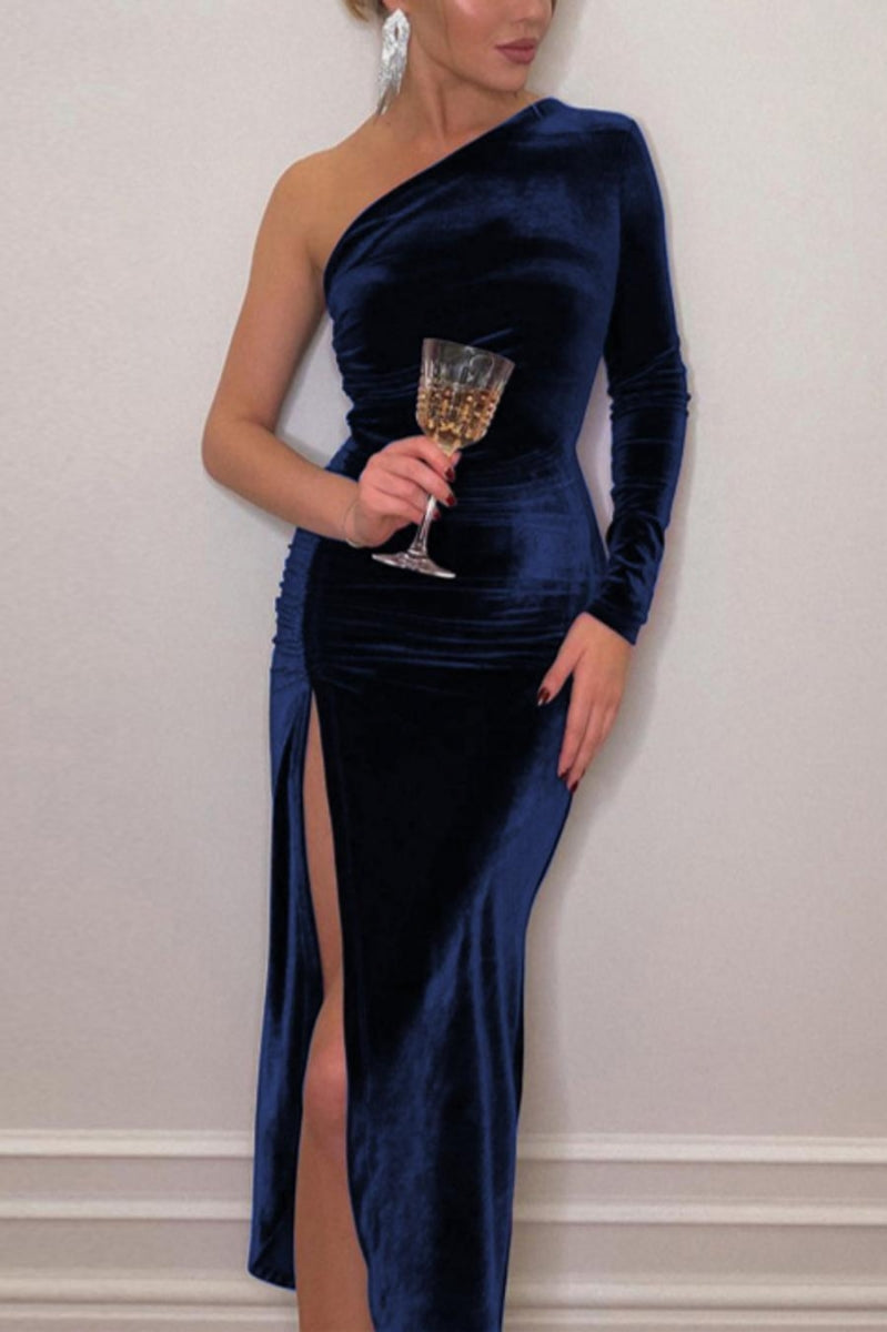 Blue velvet one shoulder ruched dress