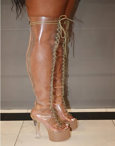 Nude platform above knee high boots shoes